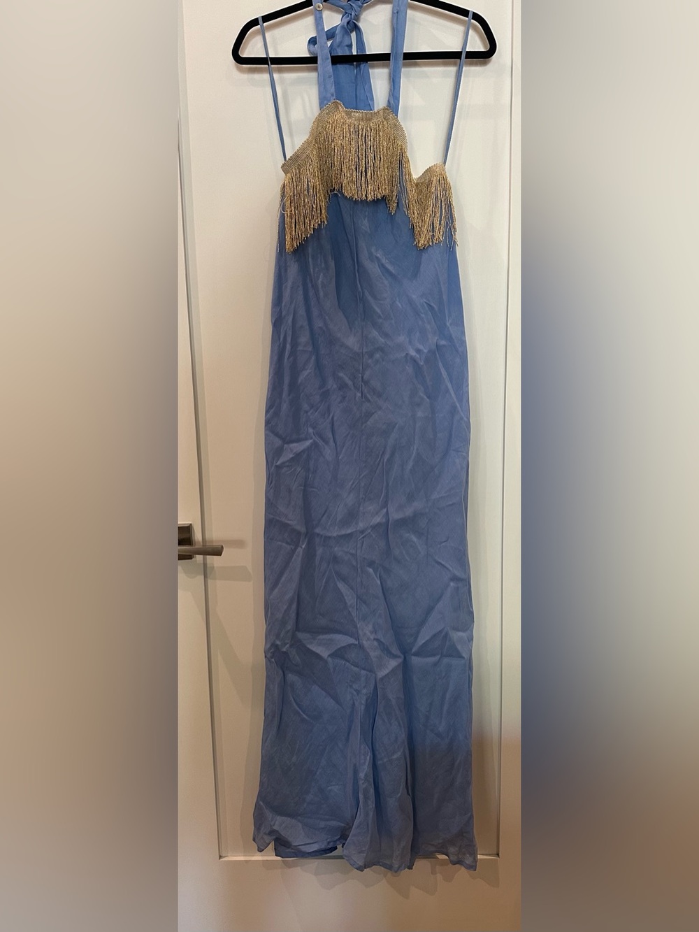 August  Blue Maxi Skirt with Gold Fringe Detail size M/L NWT BABY blue dress